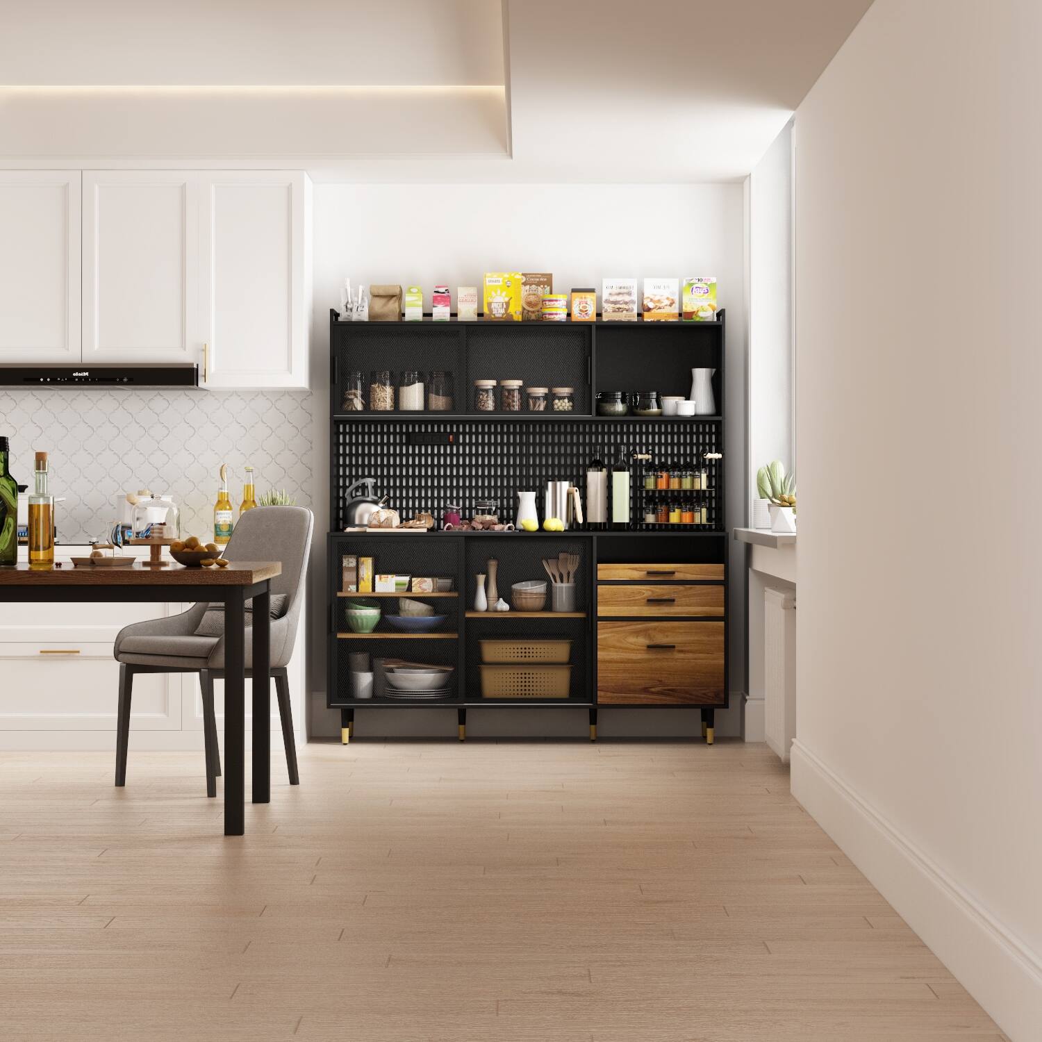 62.8" Kitchen Pantry Storage Sleek Black/Teak Wood Design On